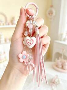 1pc Pink Cherry Heart Bag Charm, Flower Tassel Bag Pendant For Girls - Multicolor - View 5