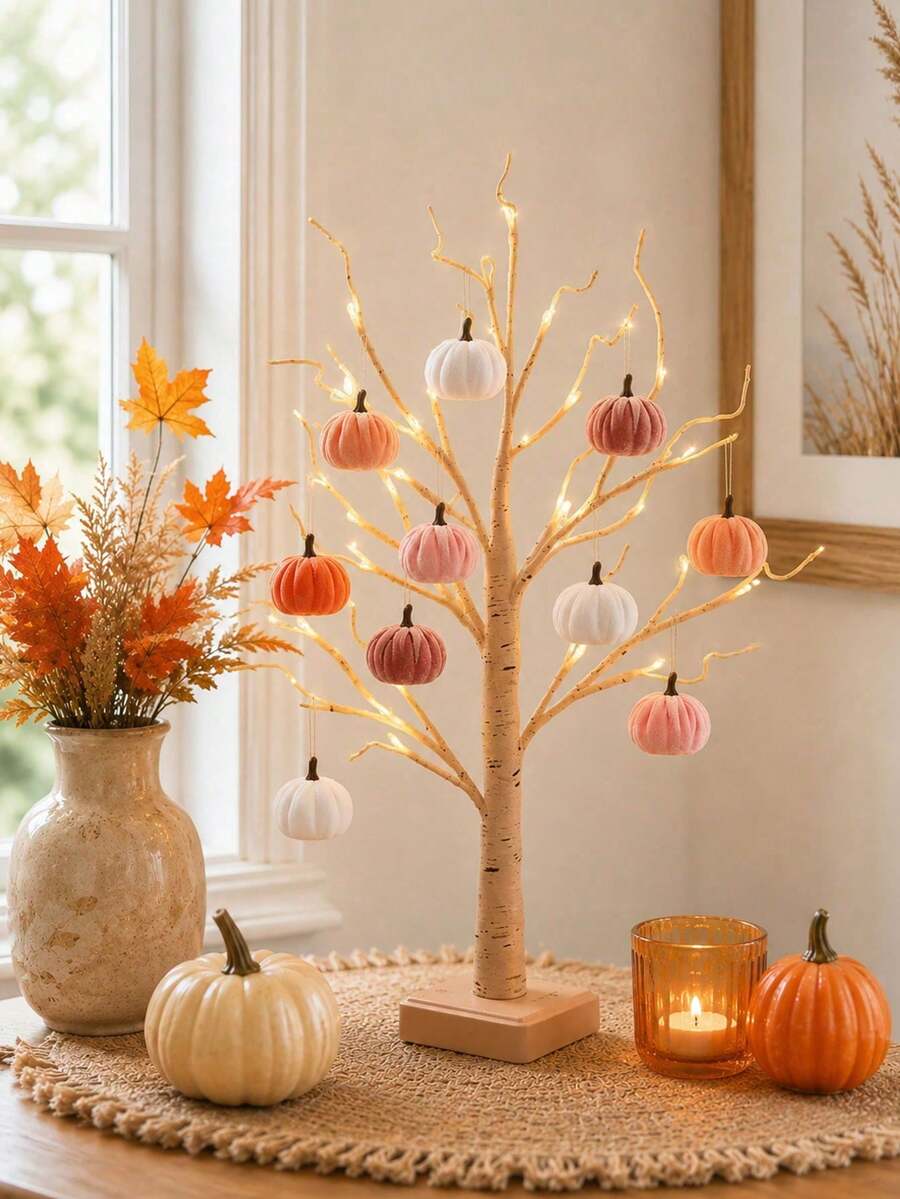 Autumn Birch Tree Light Decoration With Pink And White Pumpkins, Thanksgiving Table Tree, Suitable For Indoor, Outdoor, Holiday, Farmhouse Style, Autumn Harvest, Home Decor