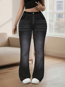 Celana Panjang Slim Fit Model Flare Motif Denim Ukuran Plus, Elastis Sedang, Ciptakan Gaya Dasar - Hitam - View 5