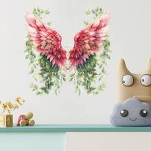 Bohemian Floral Green Plant Pink Angel Wings Wall Sticker, Vintage Watercolor Feather Vine Wall Sticker, Self-Adhesive Art Wallpaper Suitable For Bedroom/Living Room/Door/Sofa Background/Living Room Background Photo Booth Decoration, Christmas/Holiday Party Atmosphere Decor - Wall Sticker - View 3