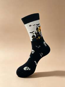 2 Pairs Halloween Couple Mid-Calf Socks, Women's, Haunted House, Skeleton, Bat, Scarecrow And Pumpkin Patterns, Collegiate Style Socks, Halloween Fun Casual Socks, Suitable For Daily Wear. - Multicolor - View 4