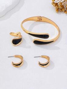 4pcs Fashionable Exquisite Elegant Unique Minimalist Handmade Base Oil Geometric Water Drop Earrings Open Ring Spring Bracelet Multi-Functional Multi-Piece Daily Decoration - Black - View 4