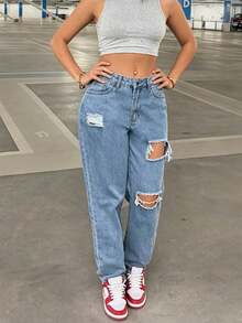 Women's Vintage Versatile Street Style Distressed Denim Jeans - Light Wash - View 1