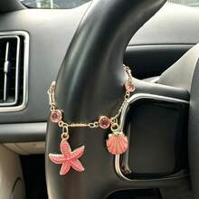 1pc Gold Single & Double Layer Ornament Chain, Heart Butterfly Starfish Shell Crystal Car Steering Wheel Hanging Pendant Elegant Metal Car Interior Accessories - A - View 4