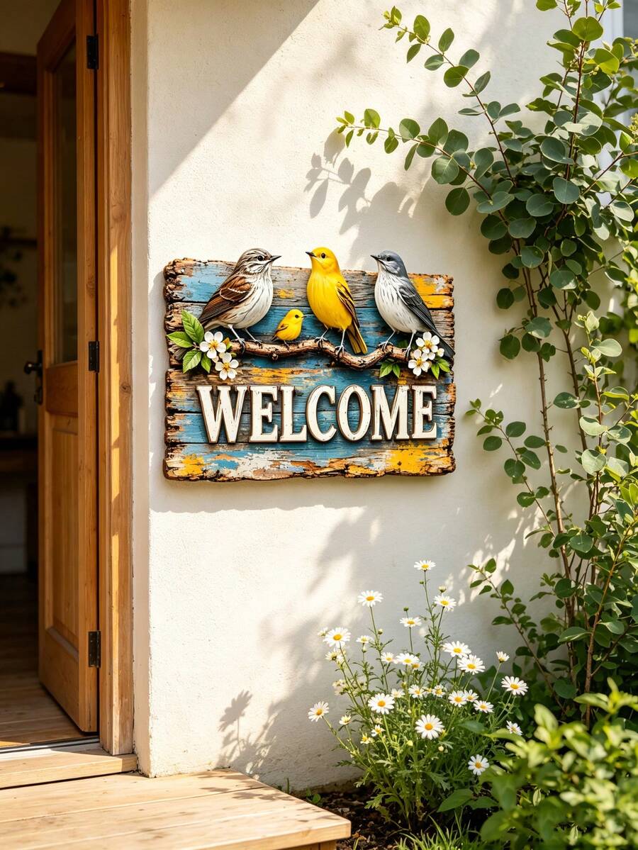 1件 2D平面波希米亞風金屬「Welcome」歡迎牌，彩色鳥類門廊裝飾，適用於住家地址顯示、房間、花園、露台、入口裝飾，入厝/節日禮物，適合家人/朋友與居家裝飾愛好者