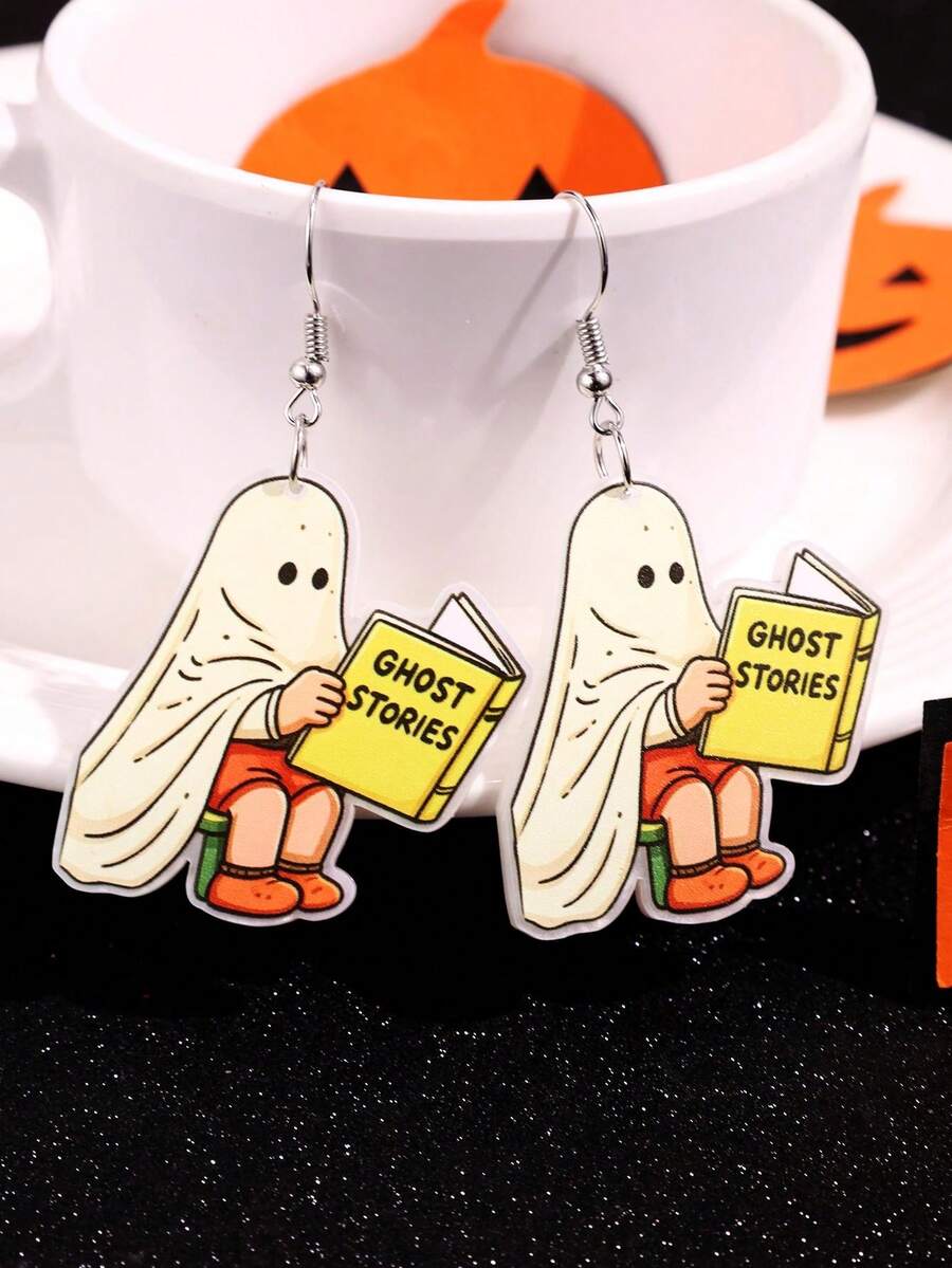 1 Pair Halloween Pink Cartoon Funny Creative Cute Ghost Reading Book Earrings Women Party Jewelry - Multicolor - View 1