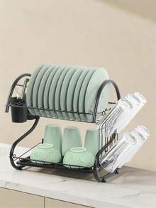 2-Tier Black Kitchen Dish Rack And Utensil Storage Rack, Rust-Proof Metal Material, With Automatic Drainage Tray, Built-In Cutlery Holder, For Drying Plates And Bowls, Space-Saving Kitchen Countertop Organizer - A - View 6