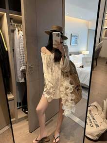Atasan Wanita Musim Semi Desain Longgar Siluet Berlipat Lengan Panjang Pelindung Matahari, Kaos Leher Bulat Baru dengan Tali Serut untuk Liburan - Aprikot - View 6