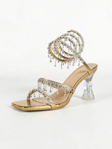 Women's Square Toe Crystal High Heel Sandals With Rhinestone Snake Wrap Strap, Elegant Fashion Open Toe Summer Autumn Minimalist Basic Style - Gold - View 12