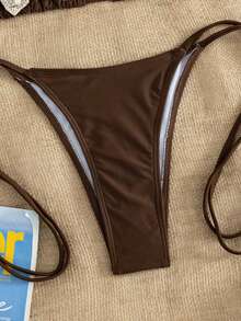 2026 New Beaded 3D Floral Decor Bikini Set, 2-Piece Swimwear With Triangle Halter Top And Side Tie Triangle Bottom Brown Vacation Beach Summer - Brown - View 7