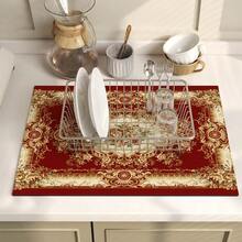 1pc Dish Drying Mat, Coffee Machine Mat, Burgundy European Classical Floral Peony Pattern With Luxury Scroll Border, Multi-Purpose Drainage Mat, Home Gift, Tabletop Decor - XYLSD-649 - View 4