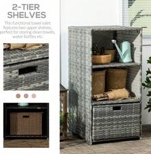 Valet Pool Towel Rack, Waterproof PE Plastic Rattan Wicker Storage Organizer, Indoor Outdoor Spa And Hot Tub Accessory Stand With Two Shelves And One Basket Drawer, Mixed - Grey - View 3