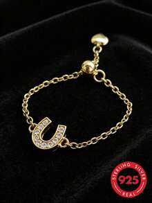 1pc S925 Sterling Silver Full Rhinestone Horseshoe Pull Chain Adjustable Ring, Luxury Personalized Elegant Niche Exquisite Fashion Cool High-End Versatile Ins Geometric U-Shaped Index Finger Link Ring, Japanese Party Gift - U-shaped - View 10