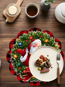 2/4/600入聖誕派對花卉餐墊，聖誕花環、聖誕老人與聖誕裝飾，黑紅格紋圖案，13.78英吋亞麻材質，桌面裝飾，防滑、耐熱、可機洗 - 彩色 - 查看 5