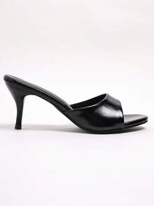 2026 Black Glossy Square Toe Open Toe Narrow Strap Thin Kitten Heel High Heel Slides For Women, Minimalist Outdoor Wear, Spring Summer Export Shoes - Black - View 4
