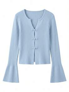 Women's Light Blue Ribbed Knit Cardigan, Chinese Frog Button Flare Long Sleeve Cropped Top, Elegant Fall Winter Outfit For Office Cafe & Daily Commute - Baby Blue - View 7