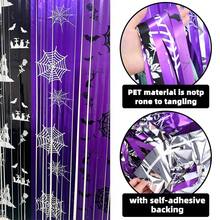 1/2pcs 1m X 2m Black & Purple Halloween Foil Fringe Curtain, PET Metallic Sequin Backdrop With Spider Web, Bat, Haunted House Print, Self-Adhesive Door Wall Photo Booth Decoration Fringe, Suitable For Party Entrance, Home Bar Room Holiday Scene Decor - Rain Curtain - View 7