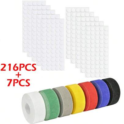 216 Pcs 15mm Diameter Sticky Back Dots Hook And Loop Self Adhesive Dots Tapes (White)& 7 Colors Hook And Loop Tape, 1 Inch Nylon Fabric Fastening Tapes, Non Adhesive Back Nylon Interlocking Tape For Clothing Sewing Crafts DIY Bags Shoes