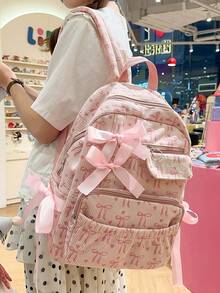 Pink Bow Print Backpack Decorative Satin Bow Ornaments Multi Layer Zipper Pockets Lightweight Student School Backpack For Teen Girls - Pink - View 2