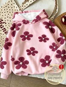 Young Girl Floral Pattern Warm Hooded Sweatshirt - Pink - View 1