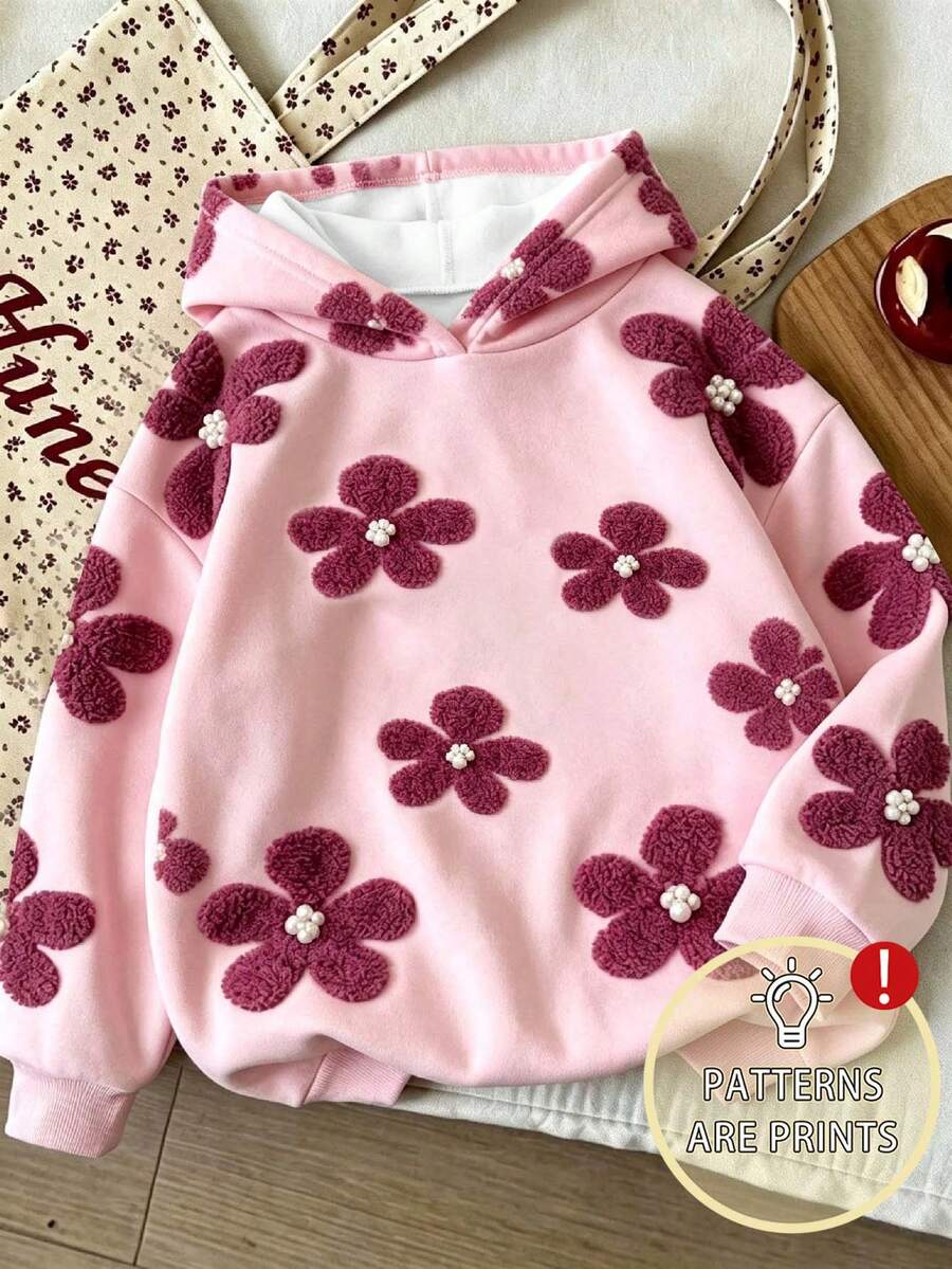 Young Girl Floral Pattern Warm Hooded Sweatshirt - Pink - View 1