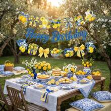 Exquisite Artistic Watercolor Natural Plant Plaid Bow Lemon Drink Hollow Floral Wreath Banner Wall Decor Party Supplies Room Decoration Outdoor Decoration Summer Yellow Lemon Theme Indoor Lawn Birthday Party Decoration - A - View 2