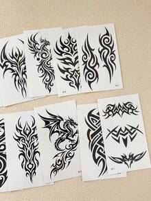 12pcs Totem Pattern Tattoo Stickers, Waterproof Men's Temporary Tattoos For Hand, Leg, Arm And Body Makeup, Wolf, Dragon Totem Fake Tattoo For Women, Hand Tattoo Suitable For Holiday, Daily Body Wear - Black - View 6