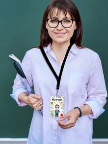 1pc Custom Cartoon Teacher Portrait Badge Holder Lanyard,Personalized Teacher Name Luggage Tag,Teacher Appreciation Gift,Back To School,ID Card Cover - Multicolor - View 4