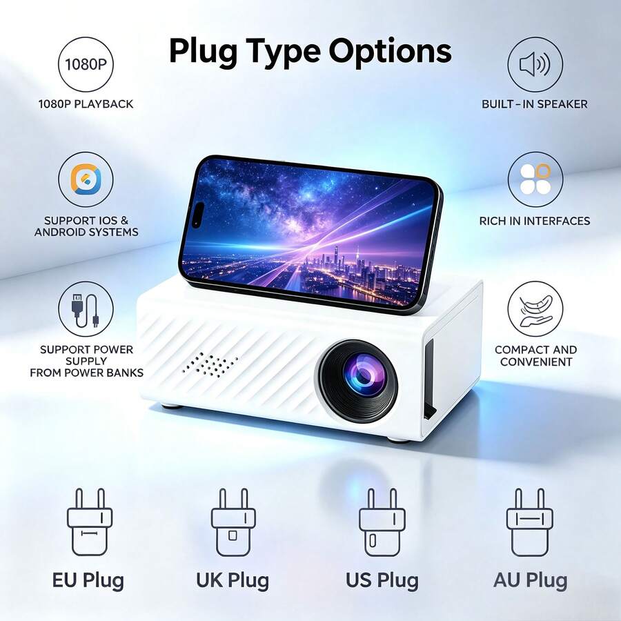 迷你便攜式全高清有線投影機，內建喇叭與遙控器，手機與平板電腦有線連接，無 WiFi 無藍牙，多插頭轉接頭，適合家庭劇院、辦公室、宿舍與旅行的小型電影投影機