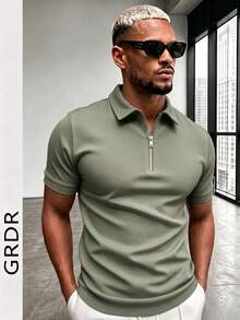GRDR Men's Summer Half-Zip Polo Shirt, Solid Color Classic Short Sleeve Suitable For Outdoor Casual Wear - Olive Green - View 4