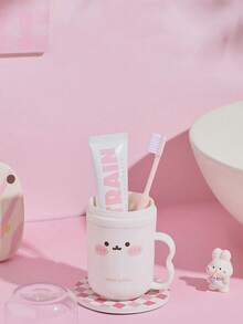 1pc Cute Cartoon Rabbit Double Layer Toothbrush Cup, Japanese Style Cute Plastic Bathroom Mouthwash Cup, Children's Layered Toothpaste Holder - Multicolor - View 4