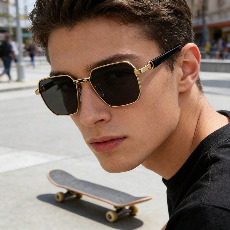 1pc Men's Luxury Gold Frame Square Metal Pure Black Lens, Decorative Ring Hinge, Suitable For Driving, Daily, Street, Travel, Outdoor Glasses - Multicolor - View 1