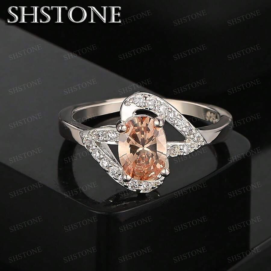 High Quality 925 Sterling Silver Plated Orange Zirconia Geometry Ring For Lady Pretty Jewelry Engagement Wedding Birthday Party Christmas Gifts - Silver - View 1