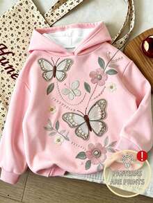 Young Girl Butterfly Pattern Warm Hooded Sweatshirt - Pink - View 1