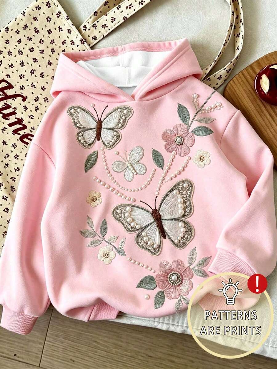 Young Girl Butterfly Pattern Warm Hooded Sweatshirt - Pink - View 1