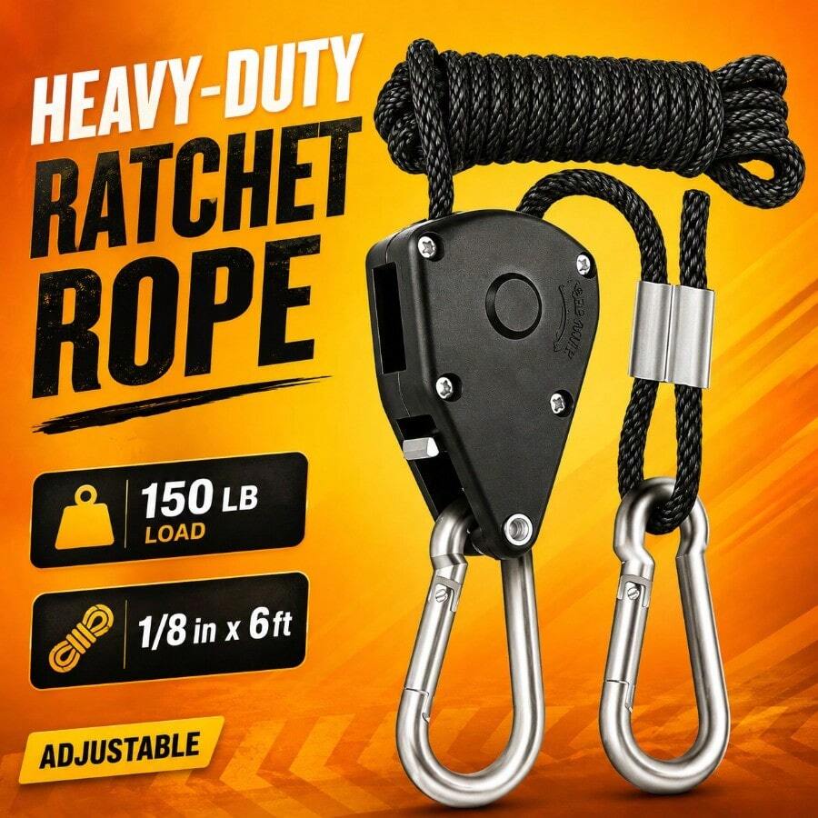 Cargo Tie-Down Rope, 1/8 Inch, 6 Feet Long. Heavy-Duty, Adjustable Ratchet Cargo Tie-Down Rope (150-Pound Load Capacity) With A D-Ring Fastener. (Plastic Gear) - Black 1 Piece - View 1