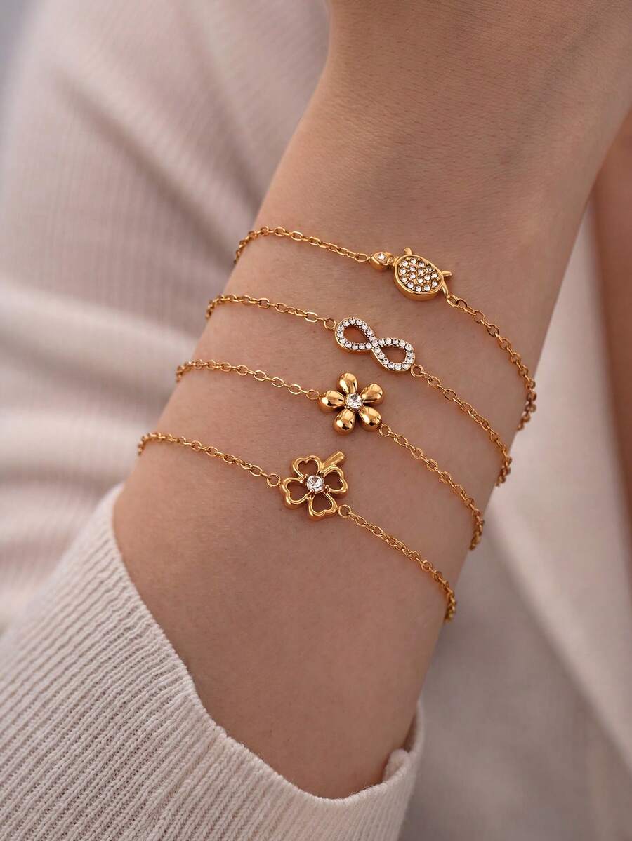 1pc Exquisite Clover/Flower/Infinity/Turtle Pendant Women's Bracelet, Stainless Steel Material With Zirconia, Gold Color Women's Jewelry Accessory, Women's Accessory, Back To School Gift, Valentine's Day Gift, Summer Vacation Accessory - Multicolor - View 1