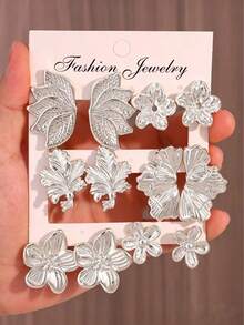2/12 piezas Pendientes elegantes de moda para mujer con diseño floral y de hoja, conjunto de pendientes de botón con elementos geométricos de metal vintage, pétalos y hojas de arce, adecuados para uso diario, viajes, vacaciones y fiestas - Plateado - Ver 5