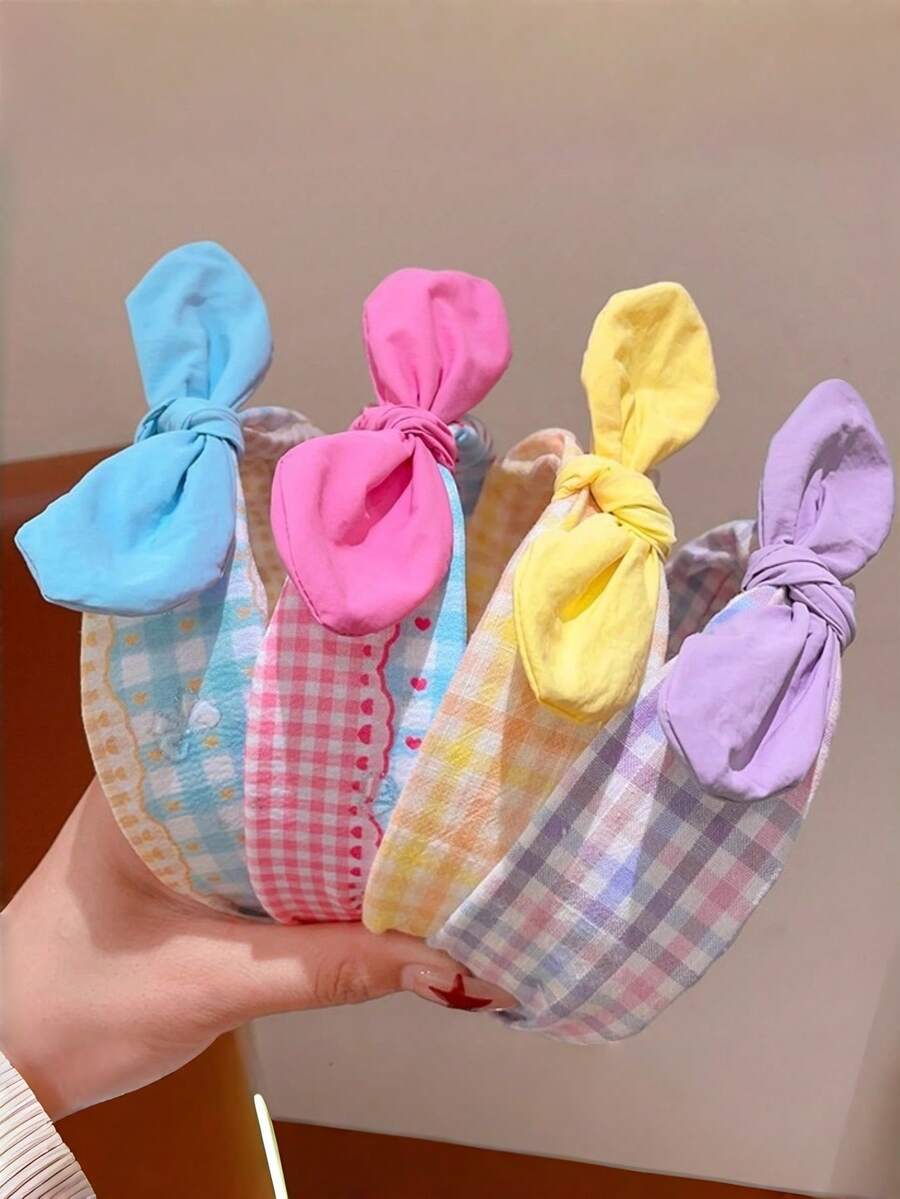4件裝甜美女孩風百搭格紋蝴蝶結布製寬版髮箍 - 彩色 - 查看 1