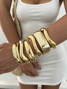 6pcs/3pcs/1pc Vintage Elegant Bohemian Style Women's CCB Gold Open Geometric Bracelet, Asymmetrical Geometric Striped Wave Wide Cuff Water Drop Bracelet, Suitable For Women's Daily Wear, Gatherings, Parties, Summer Beach Vacation, Travel, Gift Giving - Gold - View 2