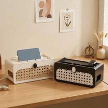 Caja organizadora de cables, de ABS con aspecto de ratán, para cables y regletas de enchufes, ideal para escritorio, espacio de trabajo, hogar y oficina (blanco). - Beis - Ver 8