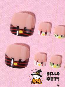 Helloween Sanrio Hello Kitty 24片短方型法式穿戴式腳趾甲，萬聖節系列 Hello Kitty 與血跡設計，適用壓克力假腳趾甲，含1片果凍膠與1片指甲锉，適合女孩日常與派對使用 - 彩色 - 查看 3