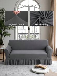 1pc Elastic Sofa Cover With Skirt Design, Modern Style Polyester Fabric, Machine Washable, Dust And Stain Resistant, All Seasons - Grey - View 6