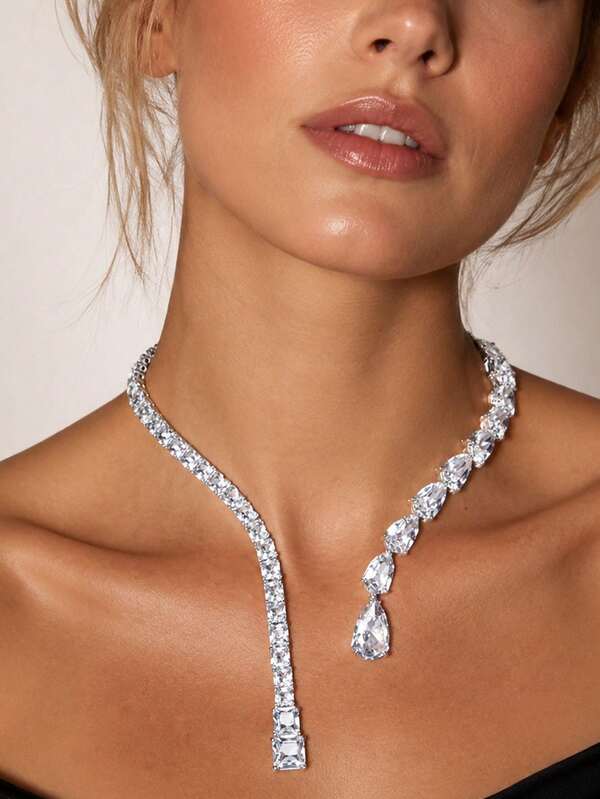 STONEFANS 1 pieza Collar gargantilla asimétrico de plata con strass, cadena en forma de Y con cristal en forma de gota de agua, accesorio brillante adecuado para boda de mujer, baile de graduación, fiesta, vestido de noche, atuendo de dama de honor