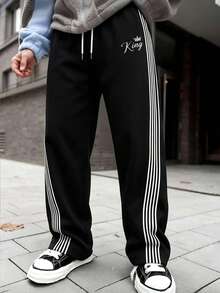 Men's Solid Black Wide Leg Sweatpants, White Drawstring Waist, LA Print Side Multi-Parallel Stripes, Loose Casual Streetwear Long Pants - Black - View 3