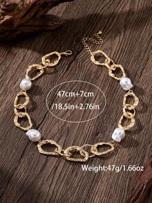 1pc French Chic Vintage Jewelry Necklace, Metal Chunky Chain With Faux Pearls, Versatile For Street Style, Parties And All Occasions Throughout The Seasons - Yellow Gold - View 2