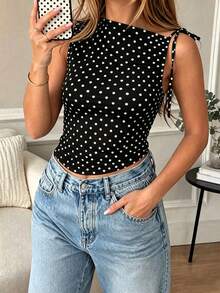 Débardeur court sans manches pour femme, noir à pois, épaule asymétrique avec lien à nouer, froncé, coupe ajustée style vintage, printemps/été, adapté pour vacances à la plage, rendez-vous, shopping, sous-vêtement quotidien, trajets, soirée, fête de rentrée scolaire - Noir - Voir 4