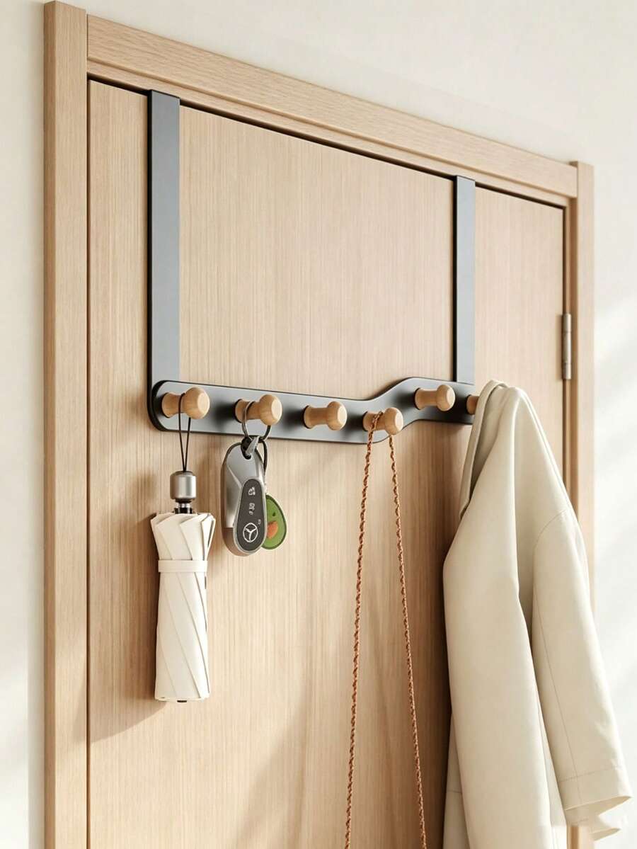 1pc Black/White Iron No-Drill Door Rear Hook - 5-Row Heavy-Duty Storage Rack For Clothes, Hats & Autumn Festival Decor - Multicolor - View 1