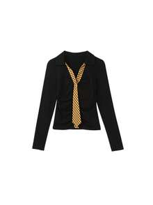 Kaos Lengan Panjang Hitam Wanita Gaya Korea Musim Gugur Slim Fit Atasan Dalaman Kasual - Hitam - View 10