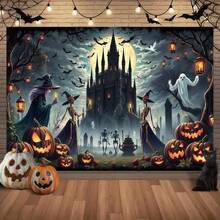 1pc Dark Castle Halloween Background Banner, Full Moon Cemetery Dark Fairy Tale Style, Castle, Dead Trees, Flying Bats, Floating White Ghosts Surrounding, Witch, Suitable For Halloween Party Decoration, Holiday Party Decoration, Etc. - A - View 2